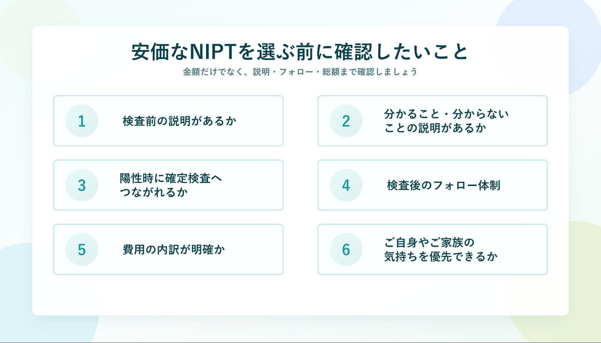 安価なNIPTを選ぶ前に確認したいこと:検査前の説明、分かること・分からないことの説明、陽性時の確定検査、検査後のフォロー体制、費用の内訳、ご自身やご家族の気持ち