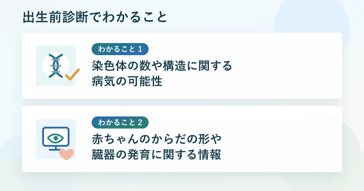 出生前診断でわかること:1. 染色体の数や構造に関する病気の可能性、2. 赤ちゃんのからだの形や臓器の発育に関する情報