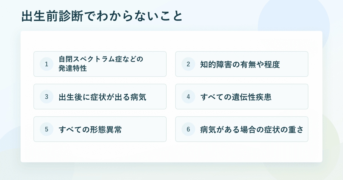 出生前診断でわからないこと:発達特性、知的障害の有無や程度、出生後に症状が出る病気、すべての遺伝性疾患、すべての形態異常、病気がある場合の症状の重さ